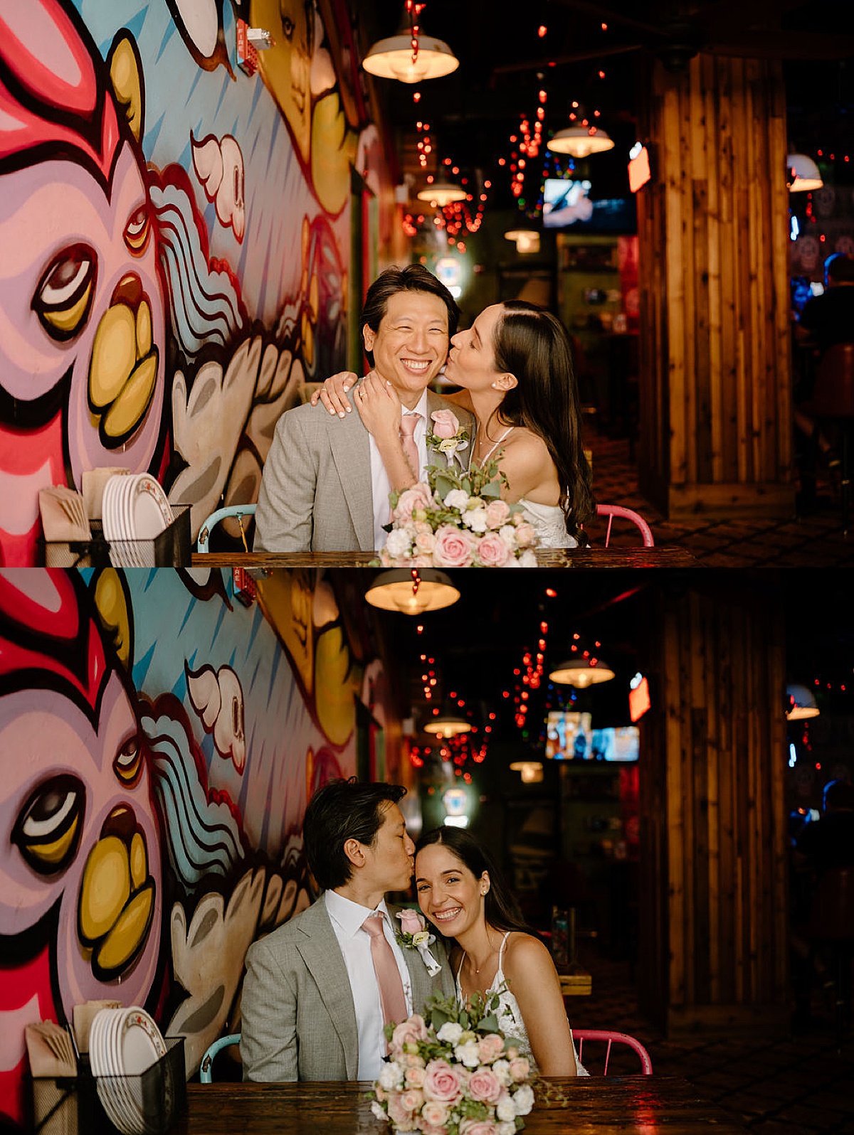 dapper bride and groom kiss at favorite taco shop next to colorful mural in Chicago shot by Indigo Lace Collective