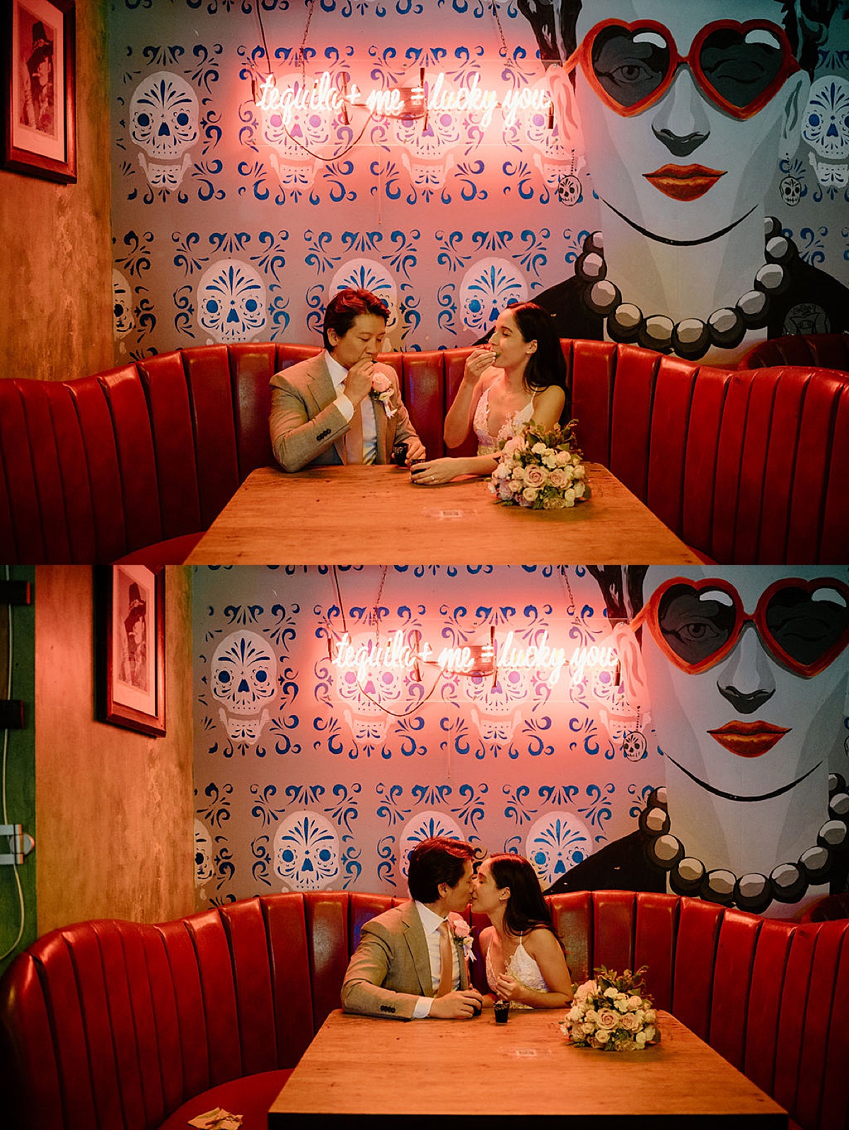 newlywed couple pose at favorite taco shop with colorful wall mural while taking tequila shots | shot by Indigo Lace Collective