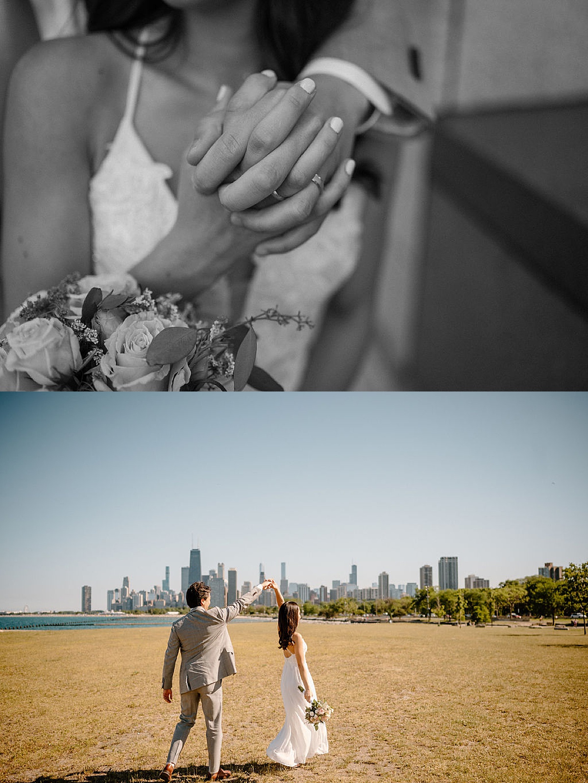 bride and groom twirl on grassy field with chicago skyline in the background during shoot with Indigo Lace Collective