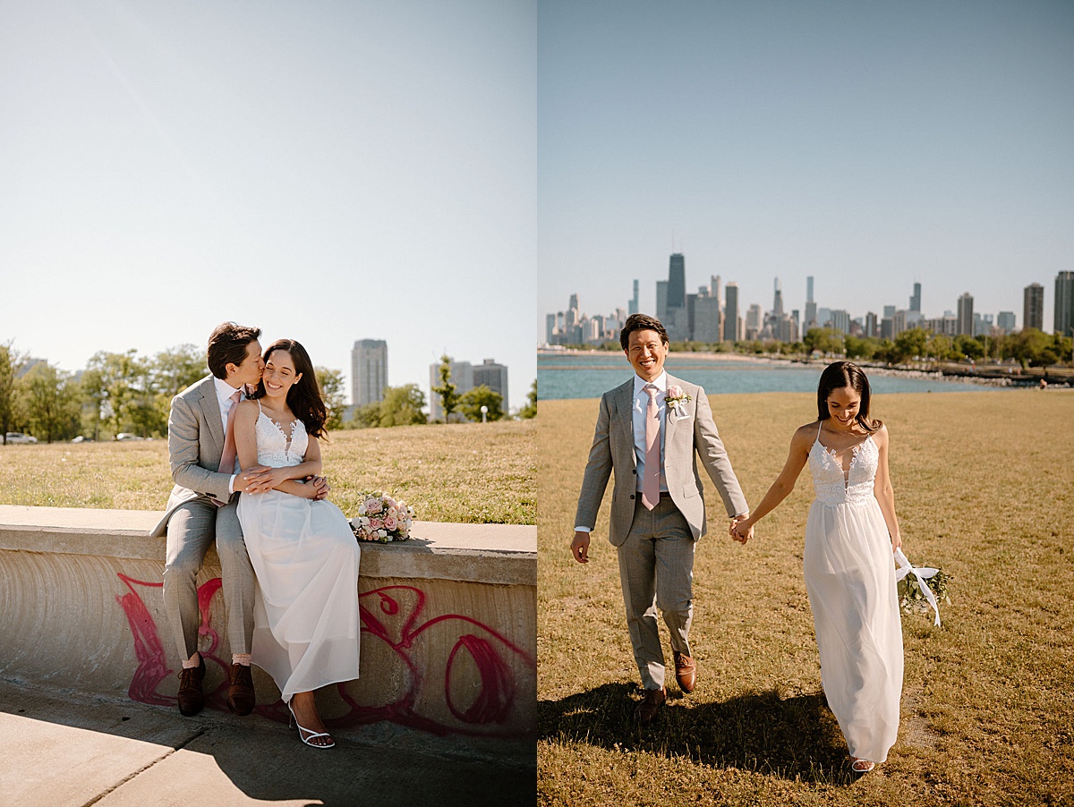 bride in delicate dress poses with dapper groom in gray suit at waterfront with chicago skyline | shot by Indigo Lace Collective