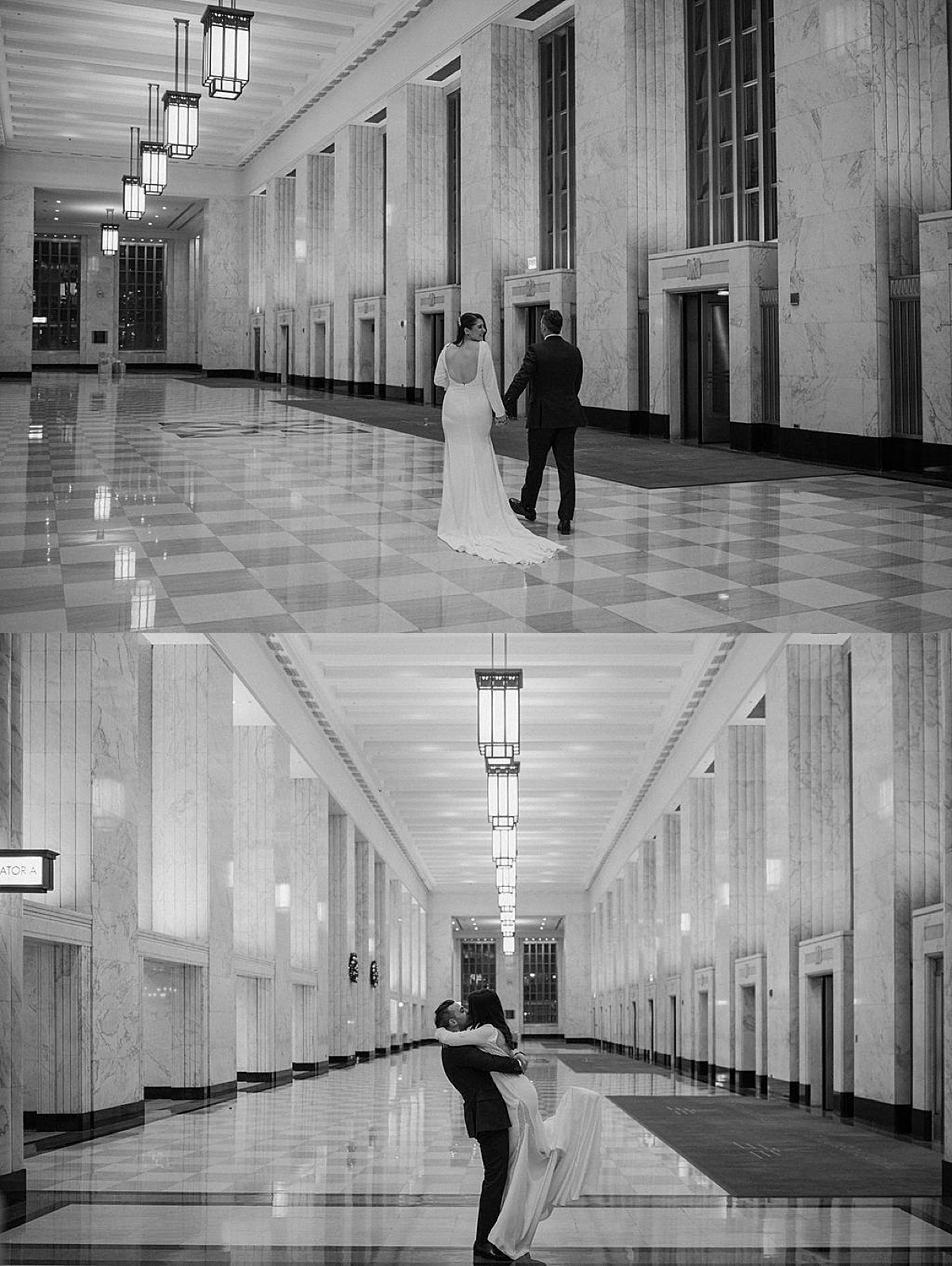 bride in elegant gown with train walks hand in hand with groom down marble hallway during celebration at old Chicago post office