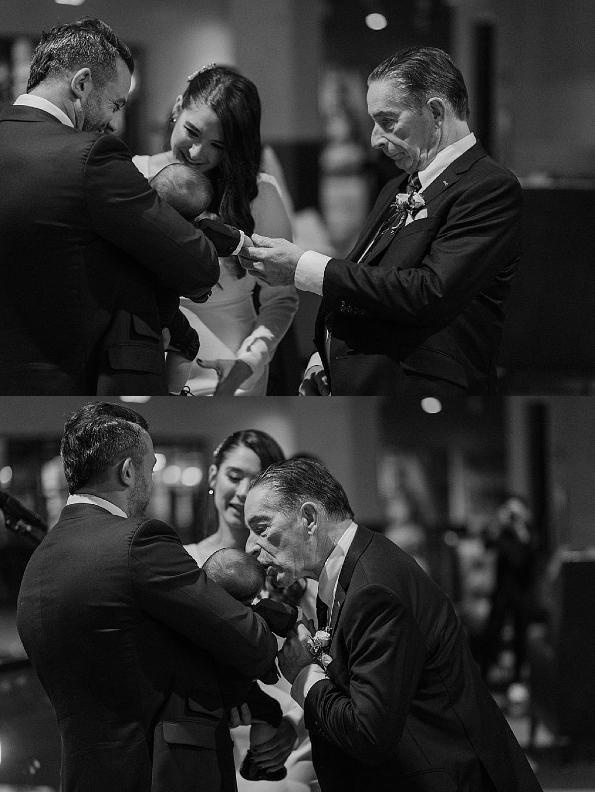 father of the bride gives baby grandson a kiss at post elopement celebration shot by Chicago wedding photographer