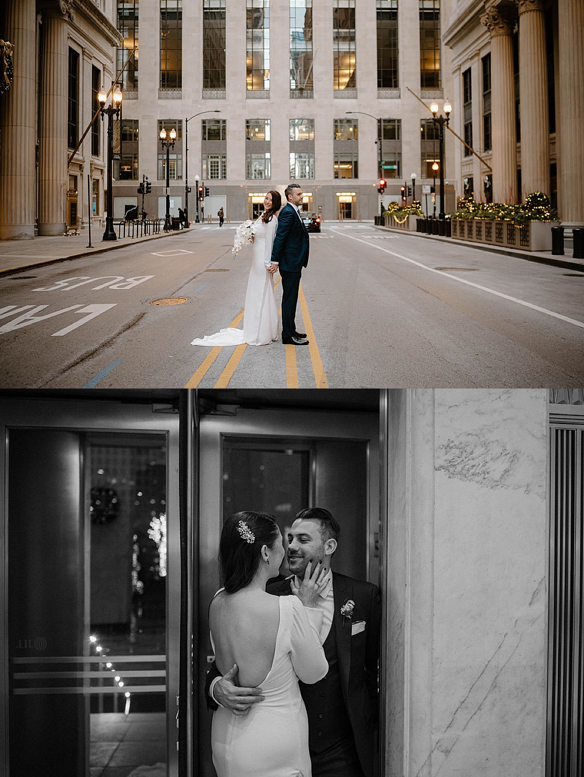 classy bride and groom pose in elegant christmas Chicago street during shoot by Indigo Lace Collective
