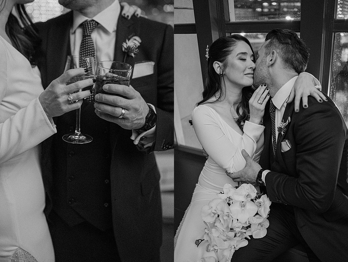 classy bride and groom in elegant wedding dress share cocktails after ceremony shot by Indigo Lace Collective