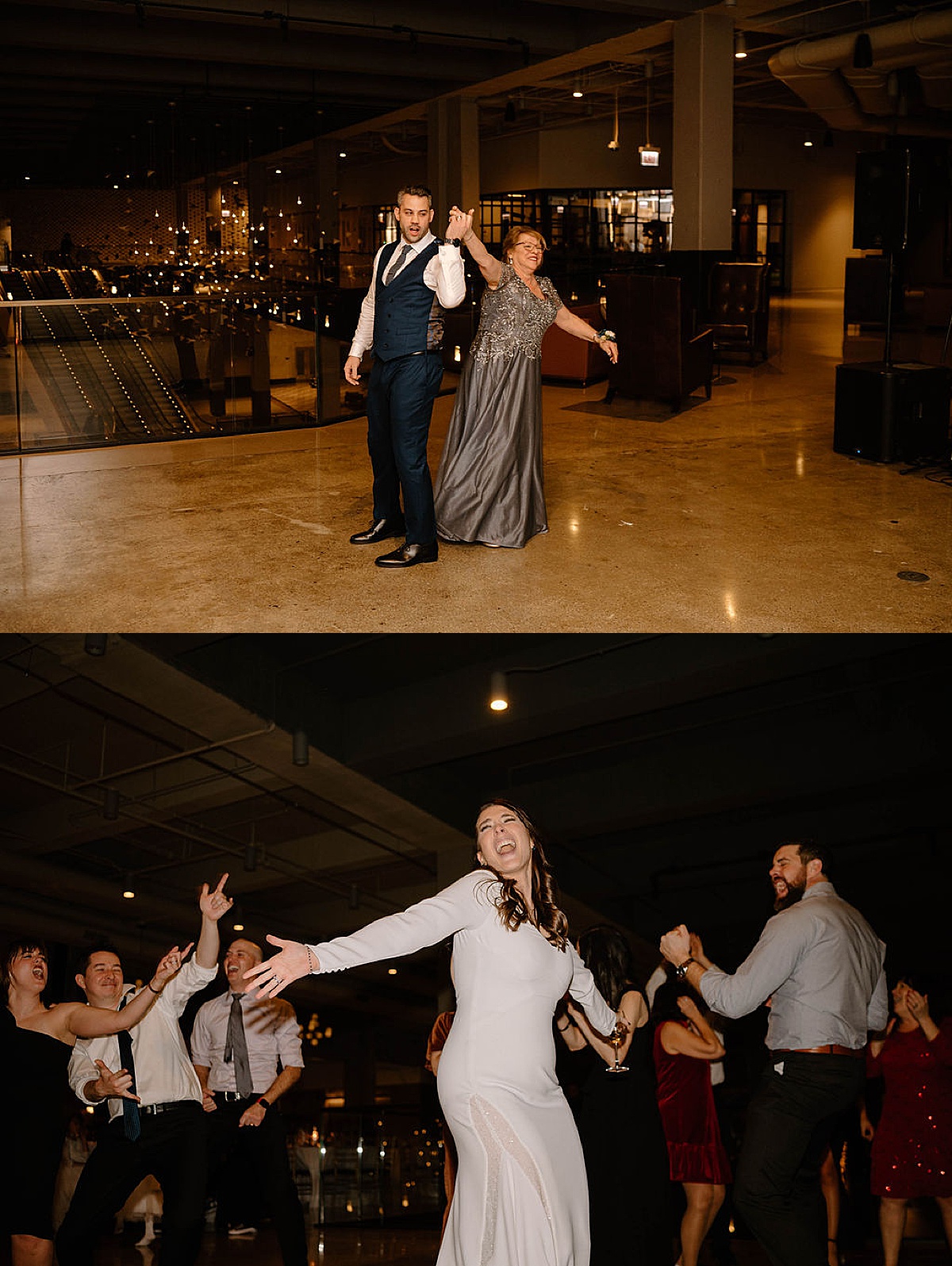 elegant bride and groom have fun on the dance floor during reception shot by Indigo Lace Collective