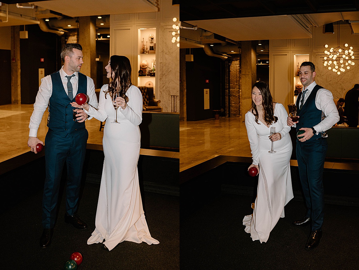 elegant bride and groom play indoor bocce ball during reception shot by Indigo Lace Collective