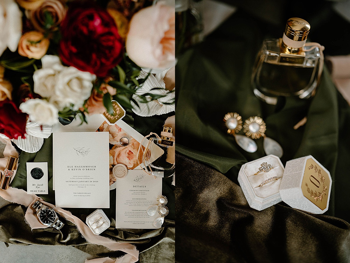 invitations, jewelry, red and white roses, and pearl earrings wait ready for the bride and groom before romantic winter celebration