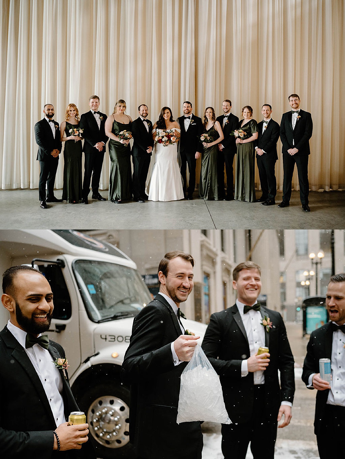 wedding party poses with bride and groom while sharing drinks together before ceremony shot by Chicago wedding photographer