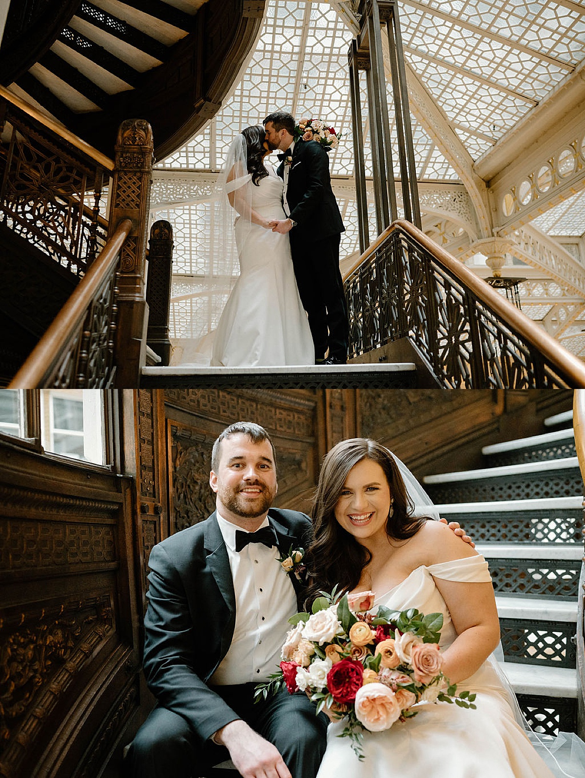 bride and groom pose on wrought iron spiral staircase at iconic fairlie hotel during celebration shot by Indigo Lace Collective
