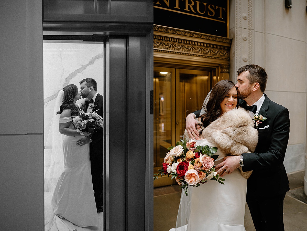 bride in elegant gown and fur wrap poses with adoring groom outside famous Chicago building with gold doors shot by Indigo Lace Collective
