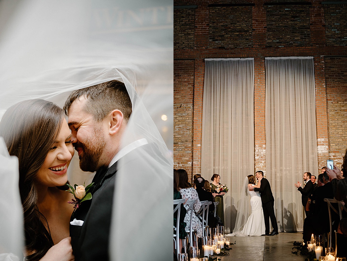 bride and groom kiss under bride's veil during ceremony shot by Indigo Lace Collective