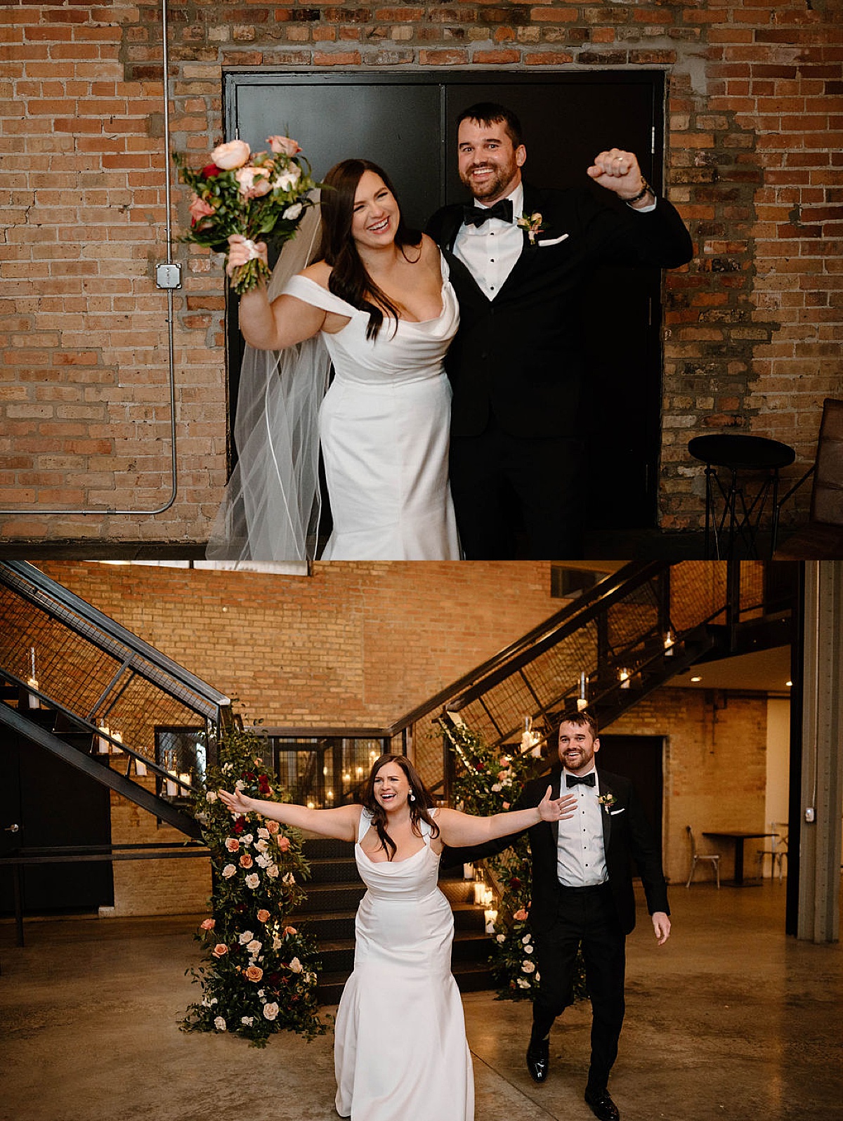 bride in elegant gown and dapper groom enter Chicago wedding venue together after ceremony shot by Indigo Lace Collective