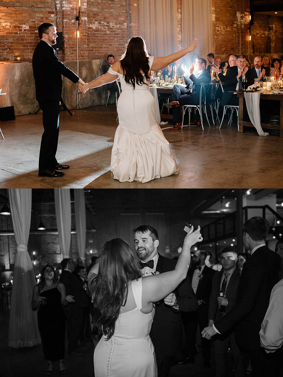 bride with bustled wedding gown dances with her groom at happy reception shot by Indigo Lace Collective