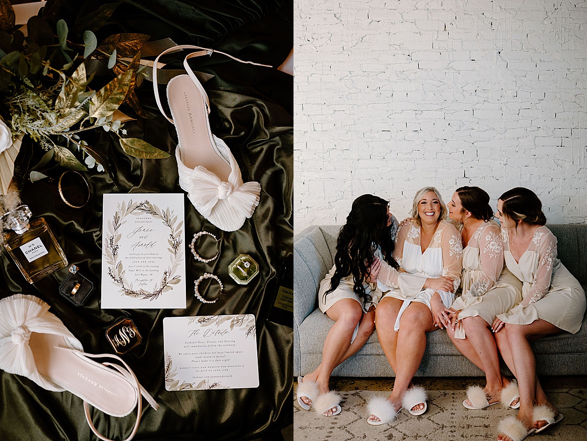 classy bride poses with bridesmaids in delicate embroidered robes and fluffy slippers before sunny Paper Mills ceremony