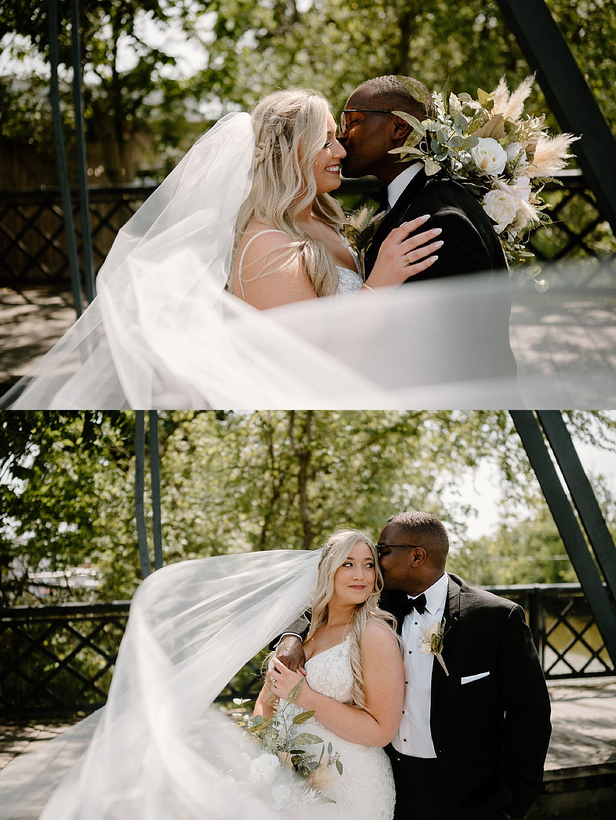 bride and groom kiss as veil blows in the wind on a sunny wedding day shot by Indigo Lace Collective