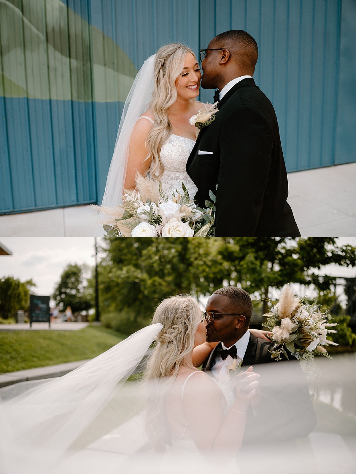 bride and groom kiss happily during outdoor photoshoot with midwest wedding photographer