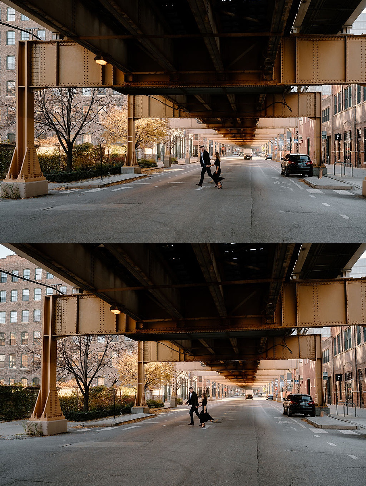 young couple run across Chicago street during puppy love engagement session