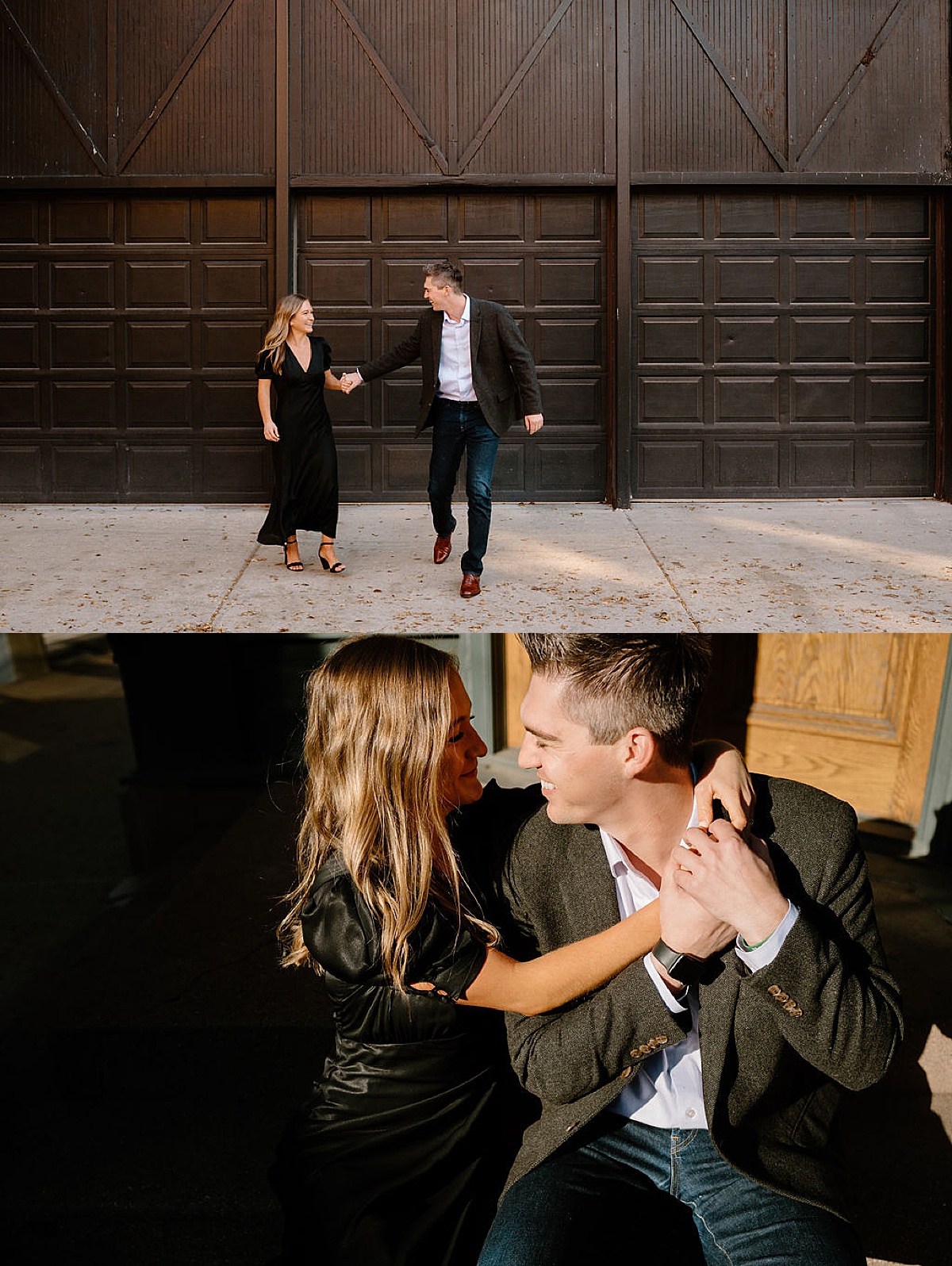 couple in their early thirties pose during golden hour during shoot with Chicago wedding photographer