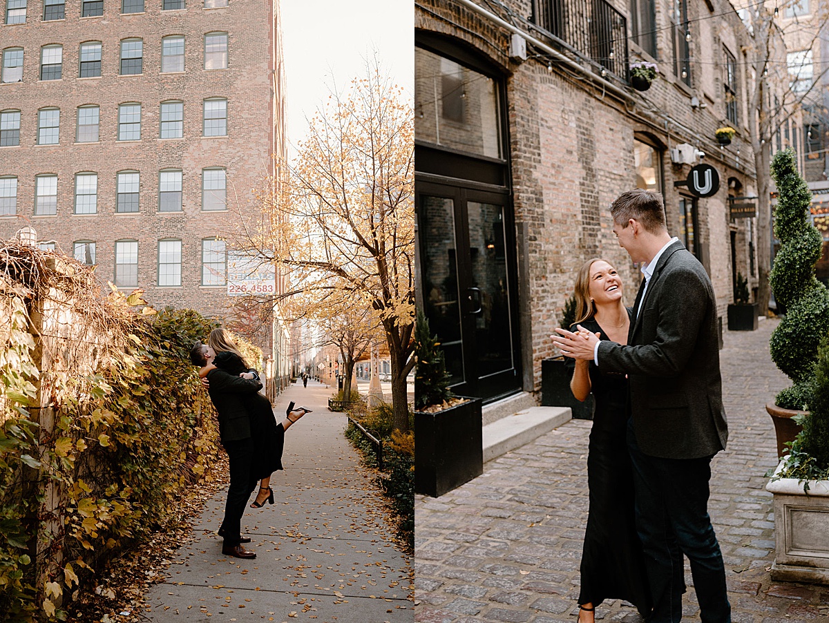 couple in their early thirties dance romantically during engagement photoshoot with Chicago wedding photographer