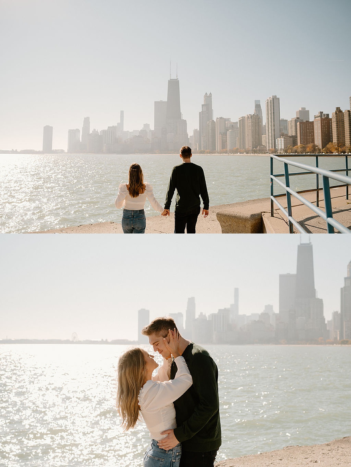 engaged couple pose at waterfront with Chicago skyline during shoot with Indigo Lace Collective