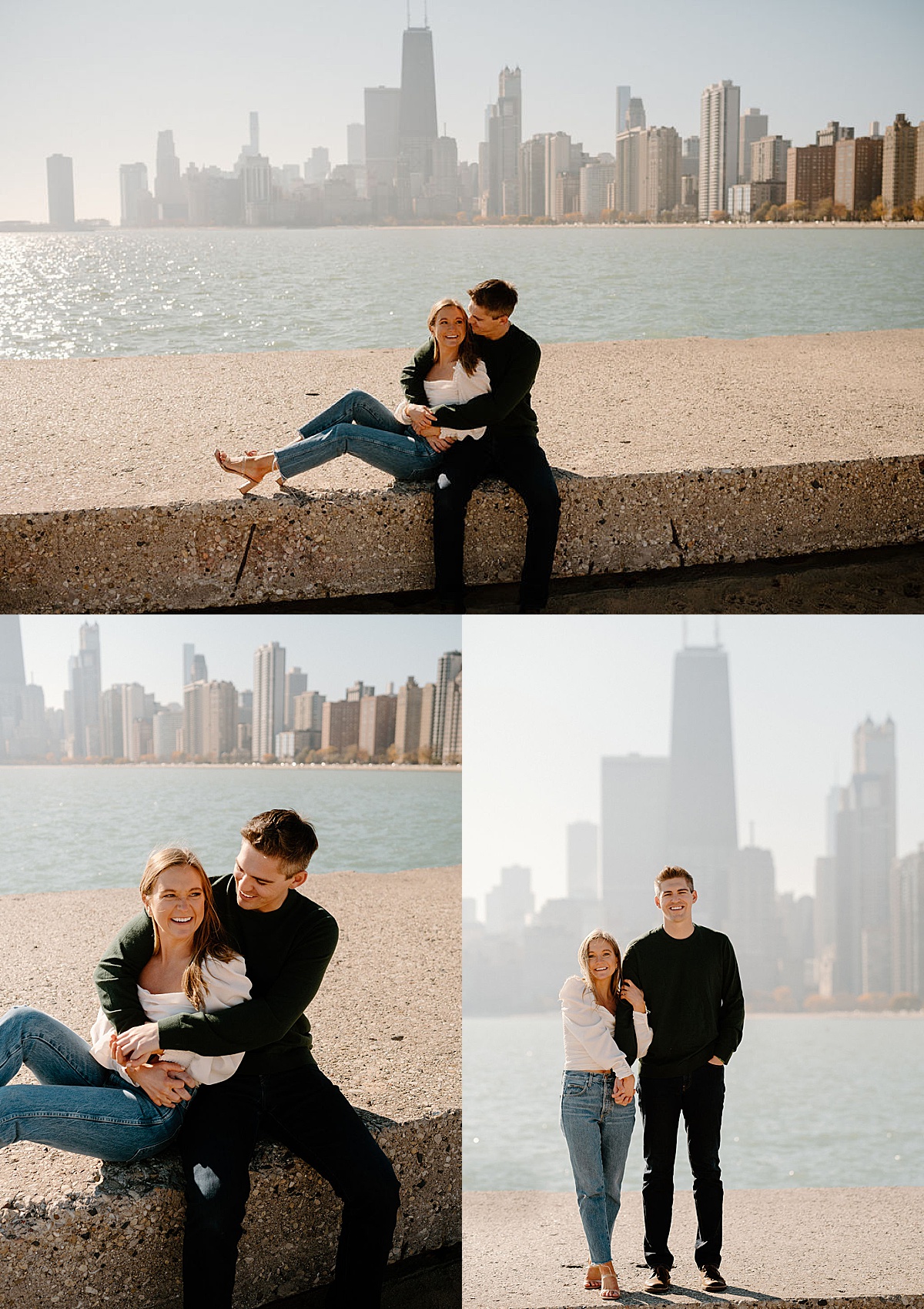 happy engaged couple pose on city waterfront during cute photoshoot with Indigo Lace Collective