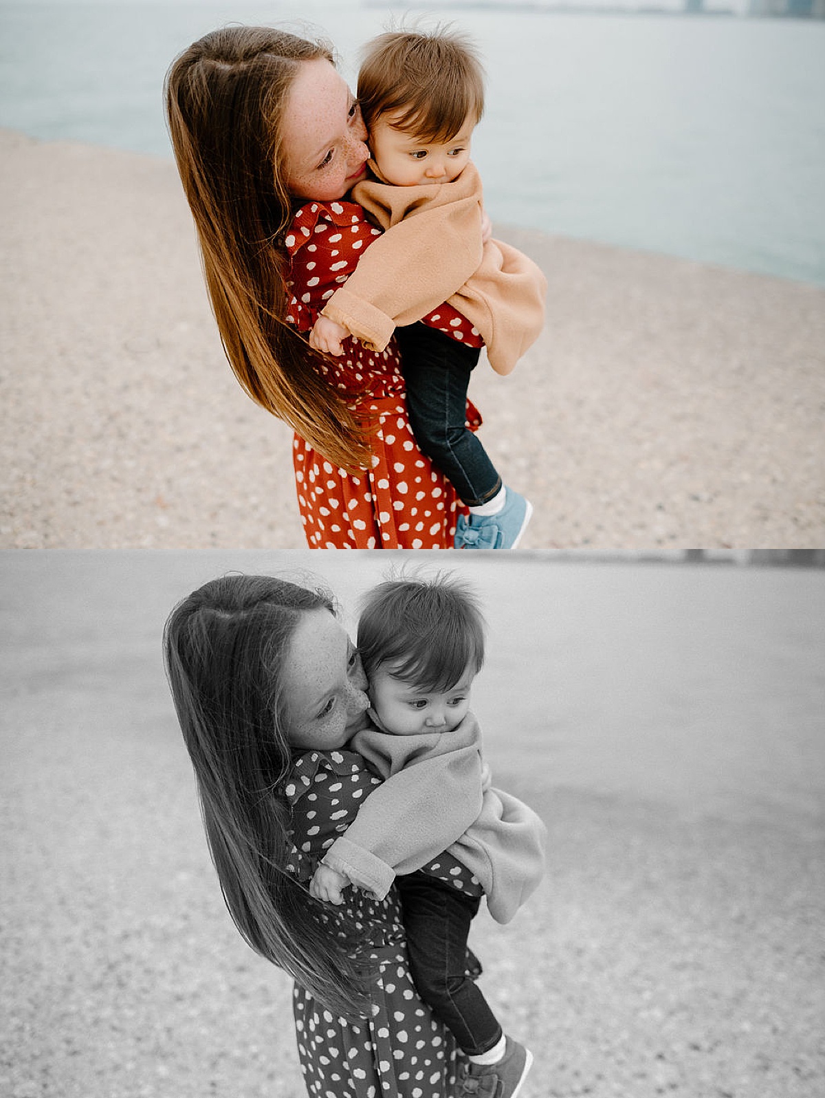 little girl holds baby sister during family session at Chicago beach shot by Indigo Lace Collective