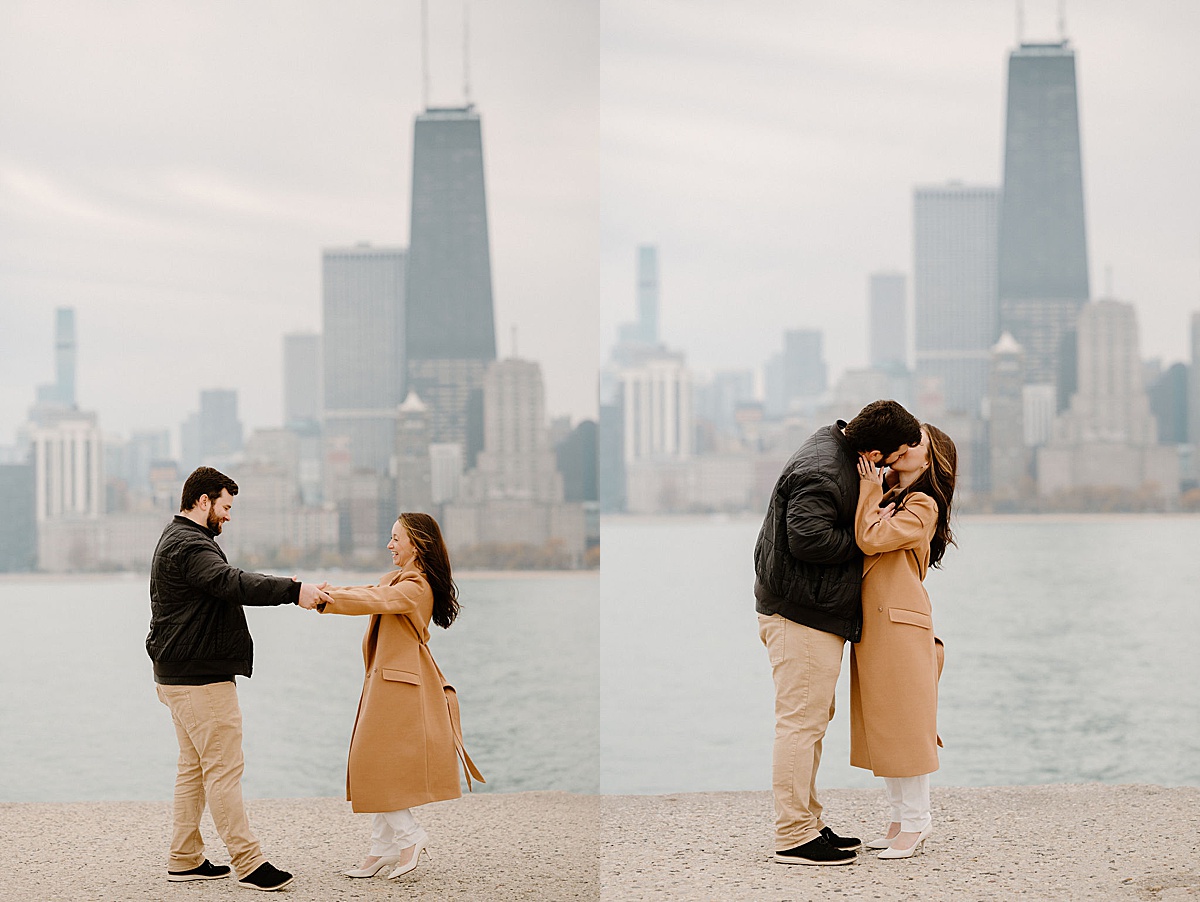 husband and wife in cute fall outfits dance and kiss during family photos taken by Indigo Lace Collective