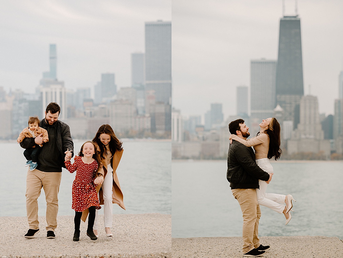 cute family of four playfully pose during waterfront session with Chicago family photographer