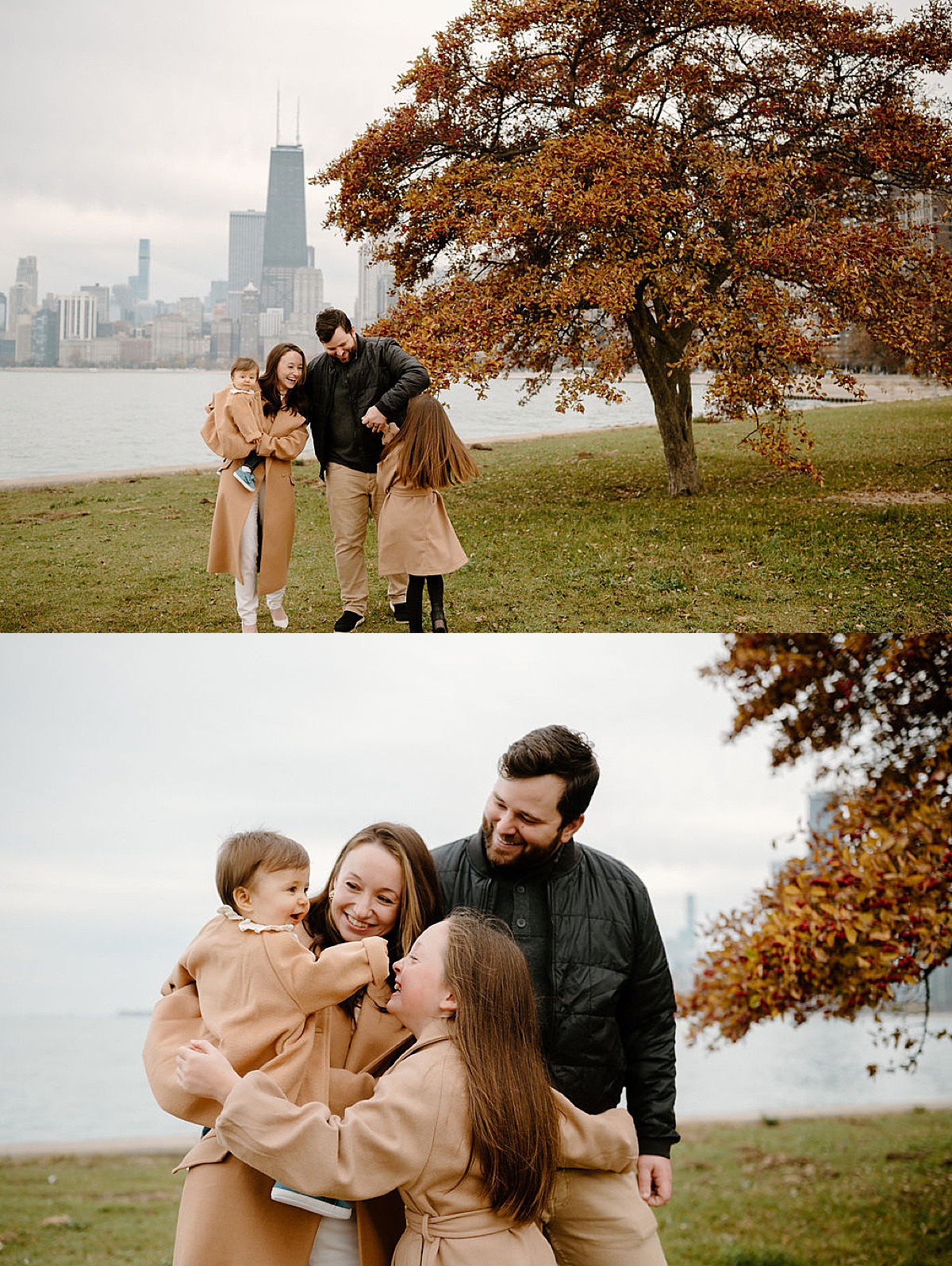 cute family in camel coats dance and twirl under autumn leaves during photoshoot with Chicago family photographer