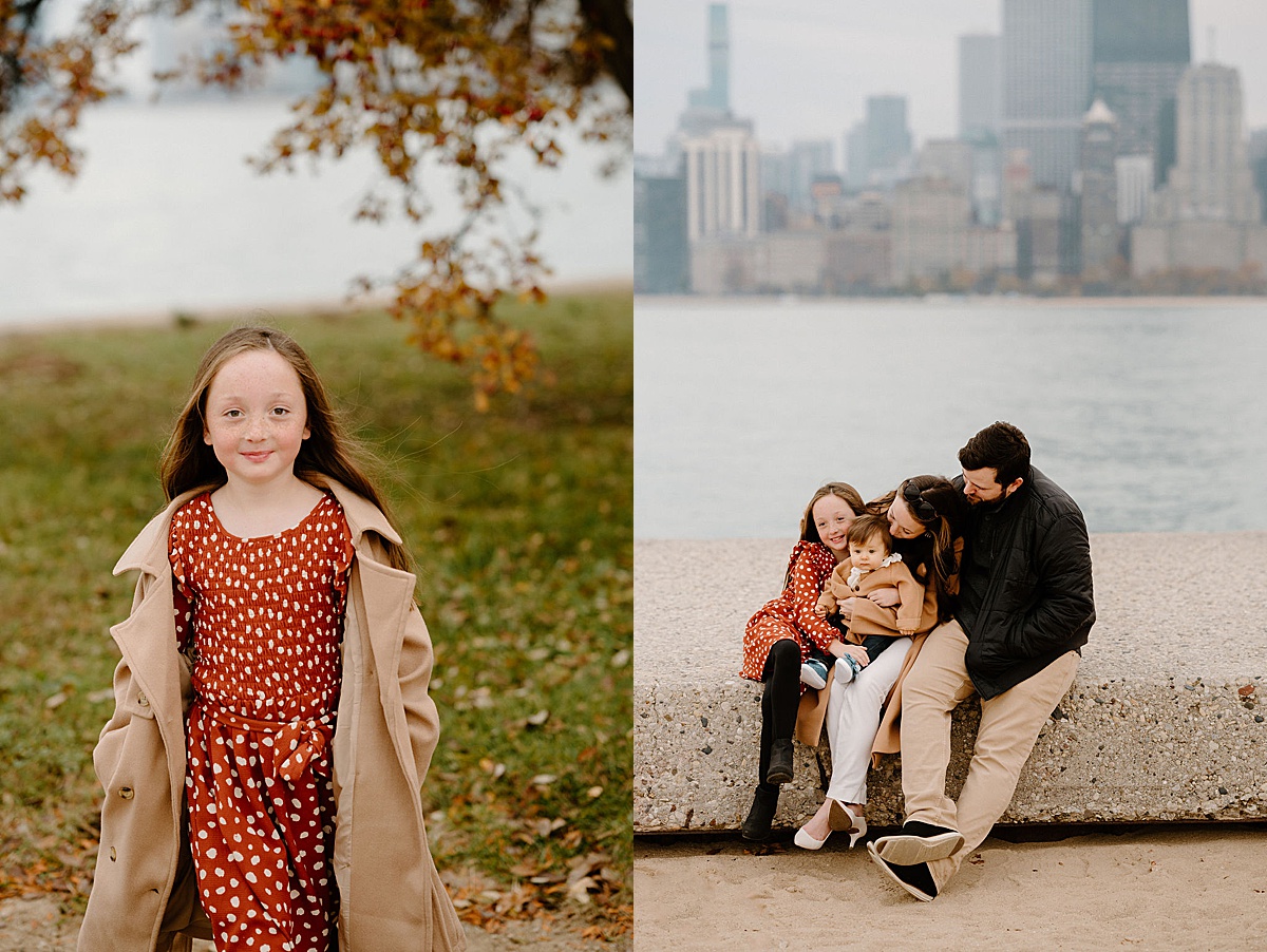 cute little girl in autumn colored dress and tan coat poses with her family during session with Chicago family photographer