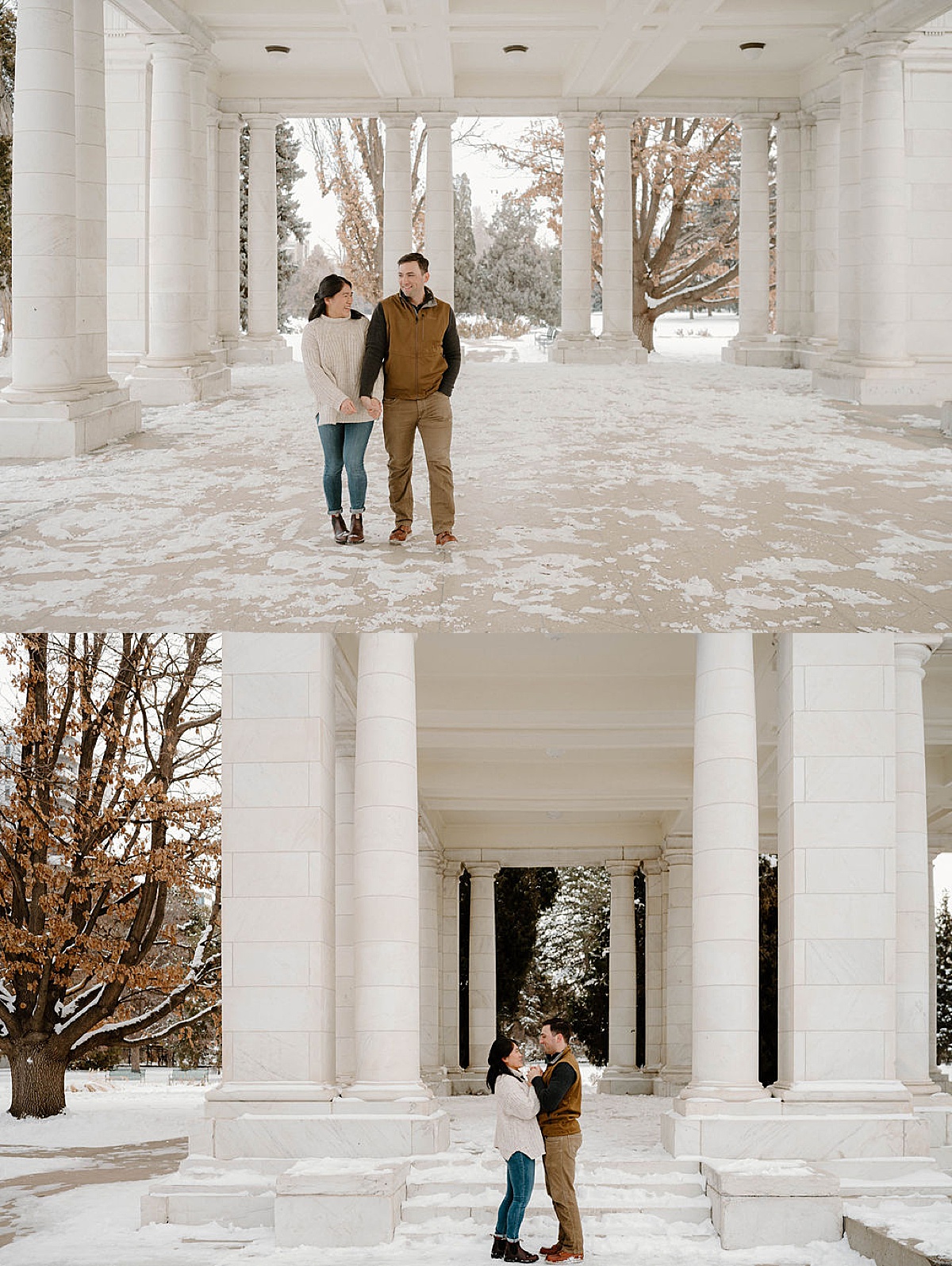 cute Colorado couple walk hand in hand through snowy Cheesman Park engagement session