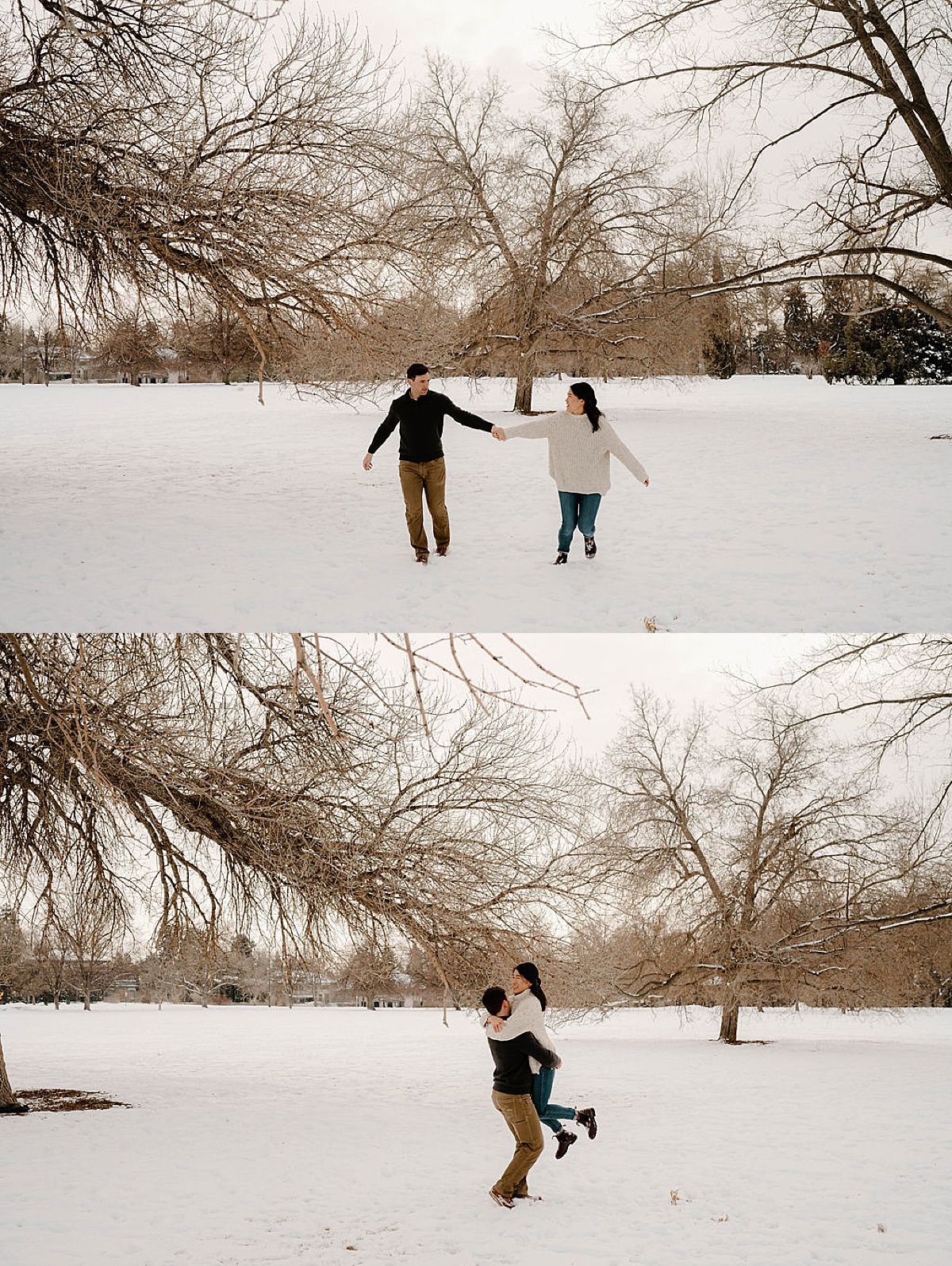couple in winter clothes dance hand in hand during snowy Cheesman Park engagement session