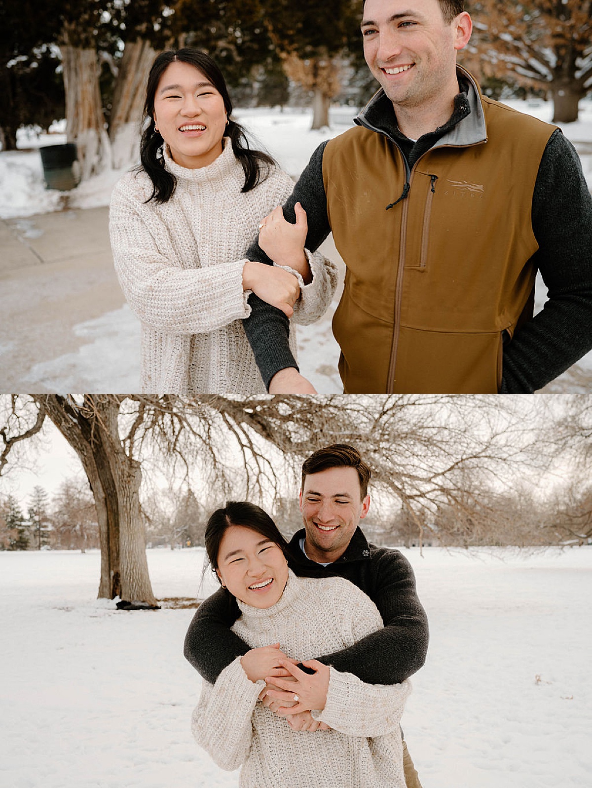 Colorado couple in sweaters and coat embrace and smile during snowy Cheesman Park engagement session