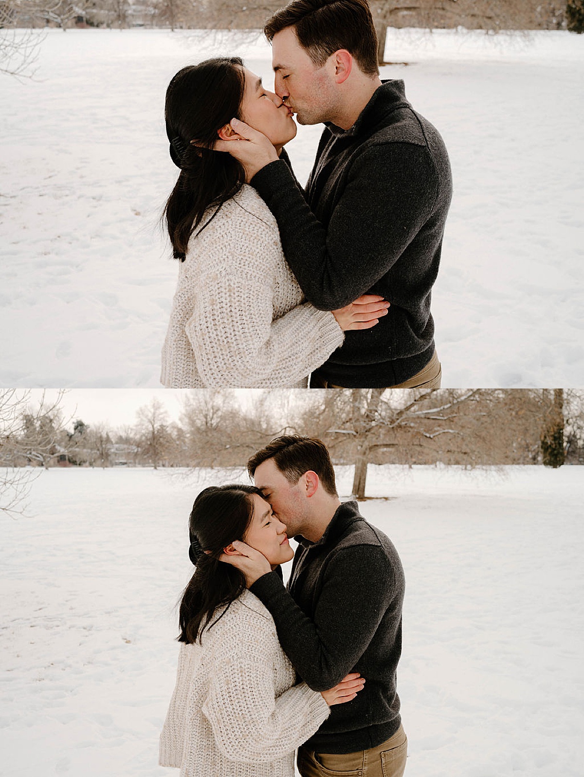 couple in sweater and jacket kiss during sweet engagement session shot by Indigo Lace Collective