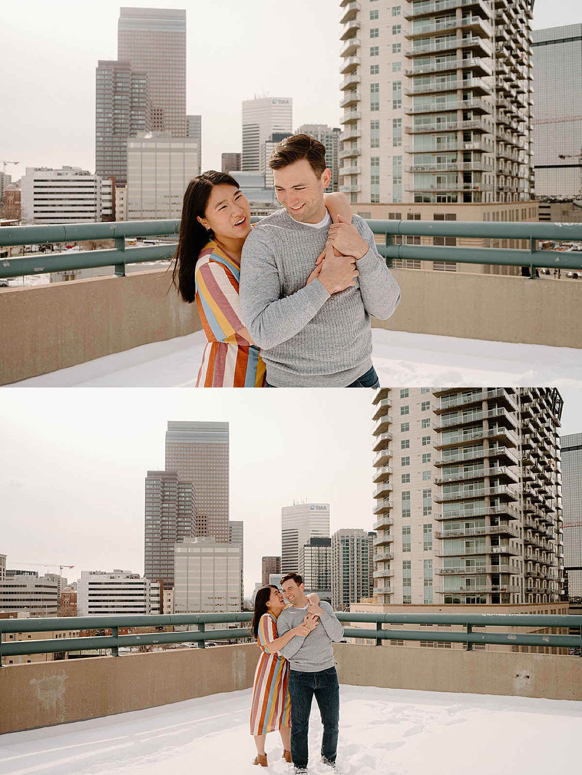 cute couple pose on rooftop during engagement shoot with Denver wedding photographer