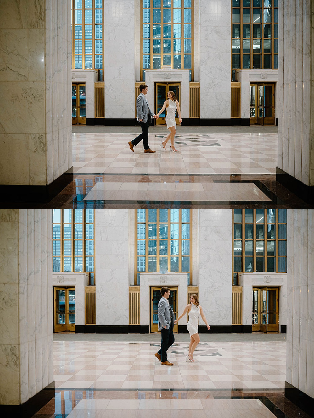 cute couple walk through old marble lobby during chic post office engagement session 
