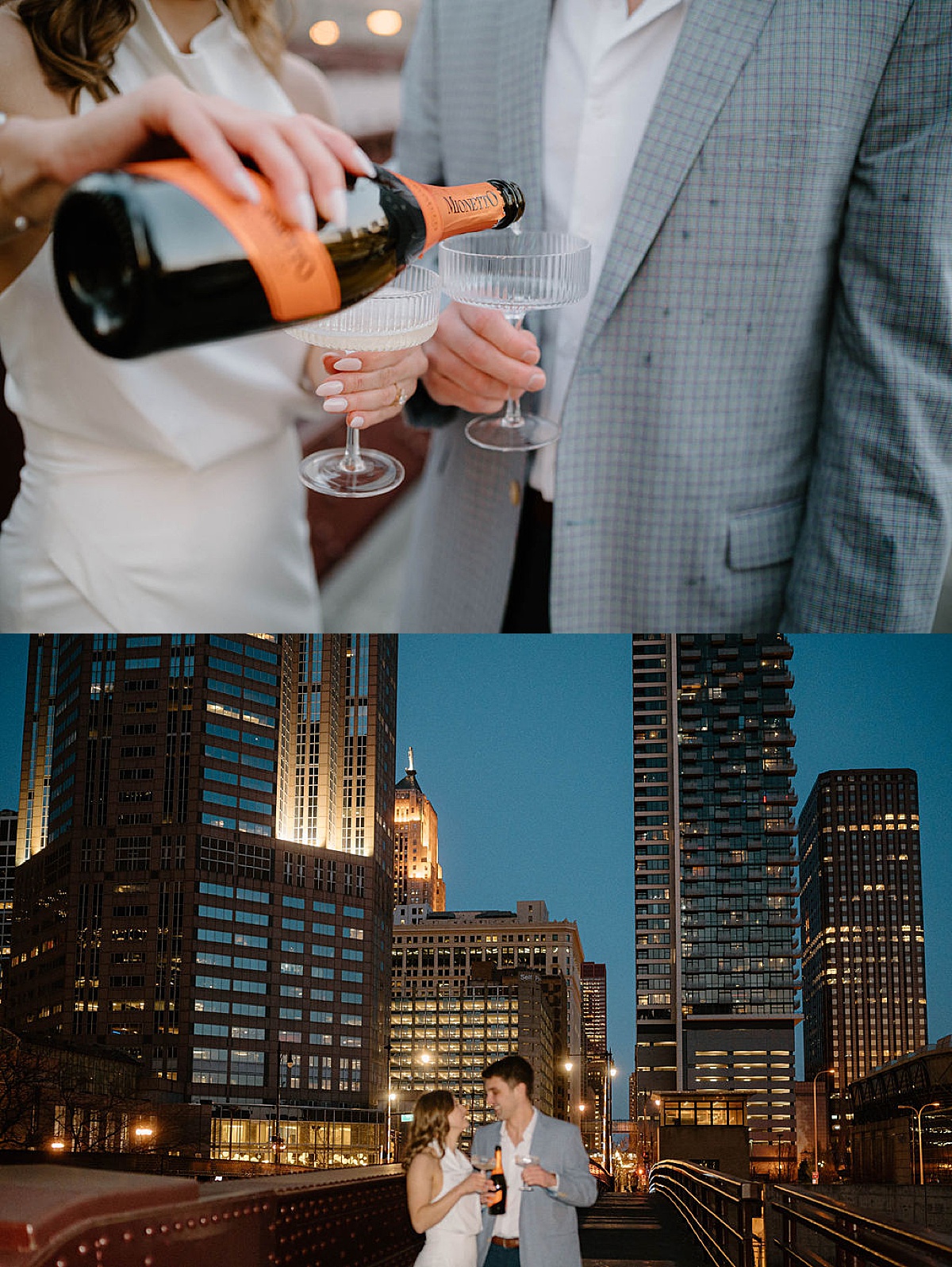 cute couple pour glasses of champagne as evening falls over skyline during shoot with Chicago wedding photographer