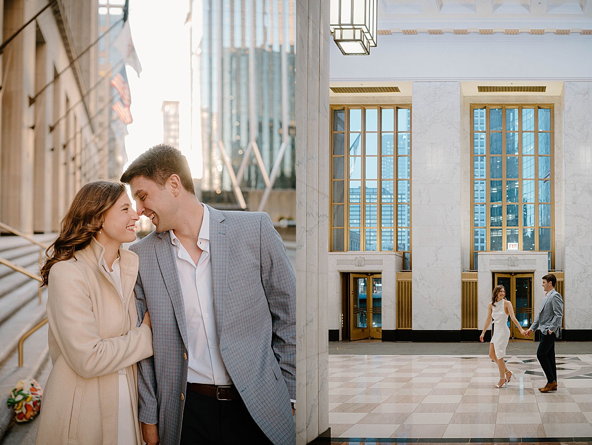 classy couple in cocktail attire pose for engagement session with Chicago wedding photographer
