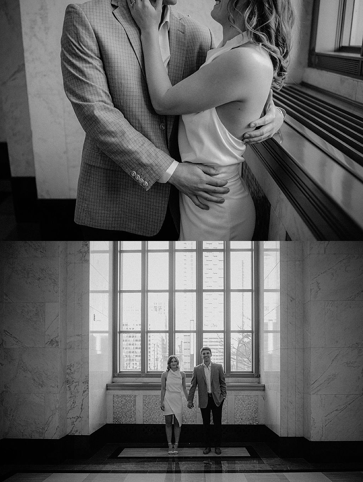 chic couple in cocktail attire pose in elegant marble building during shoot with Chicago wedding photographer
