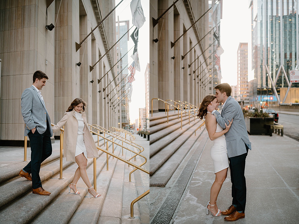 cute couple pose during chilly engagement shoot with Chicago wedding photographer