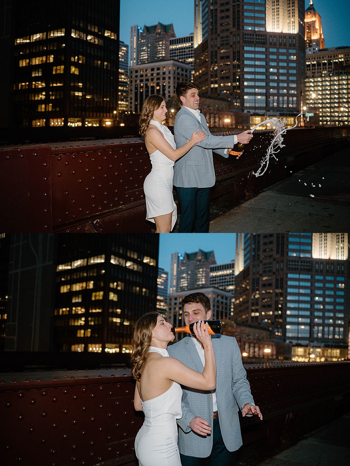 engaged couple pop a bottle of champagne after shoot with Indigo Lace Collective inyline twilight Chicago sk
