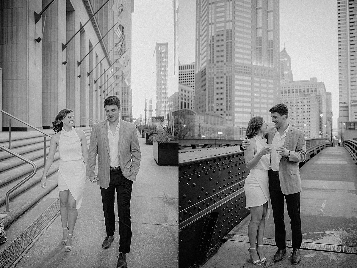 cute Chicago couple pose with cityscape in the background during engagement photoshoot with Indigo Lace Collective