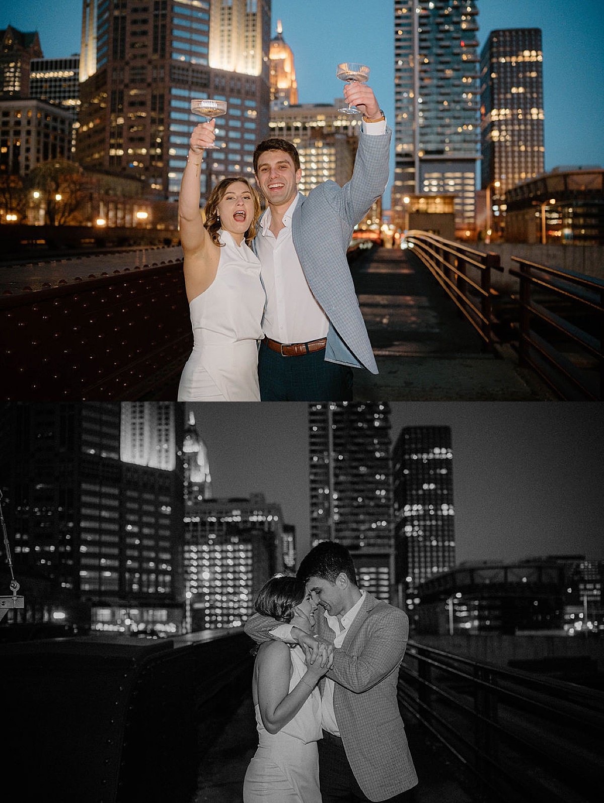 Chicago couple celebrate engagement with skyscape in the background during shoot with Indigo Lace Collective