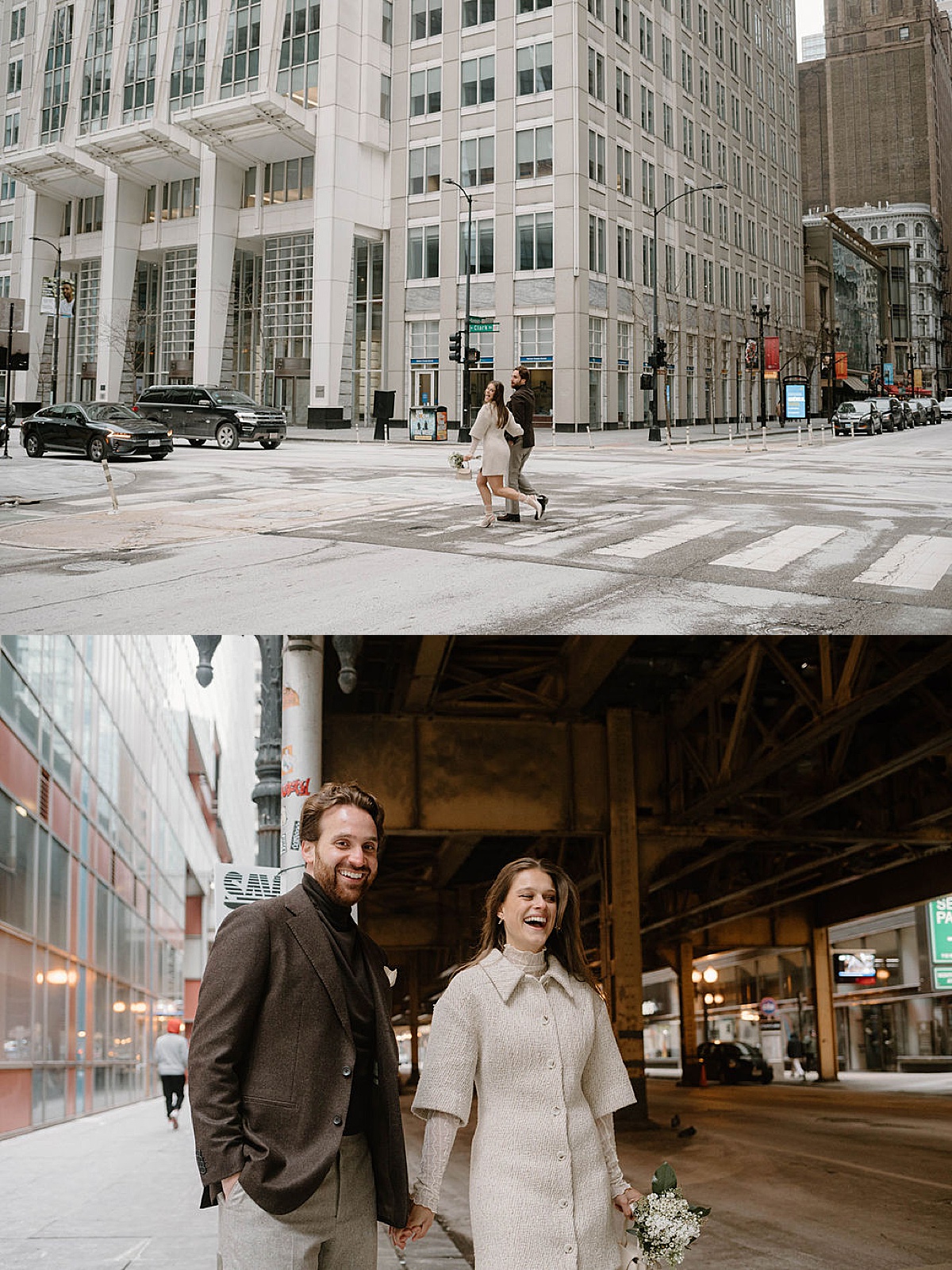 newlywed couple in chic coats dash through Chicago streets  after Winter City Hall Elopement