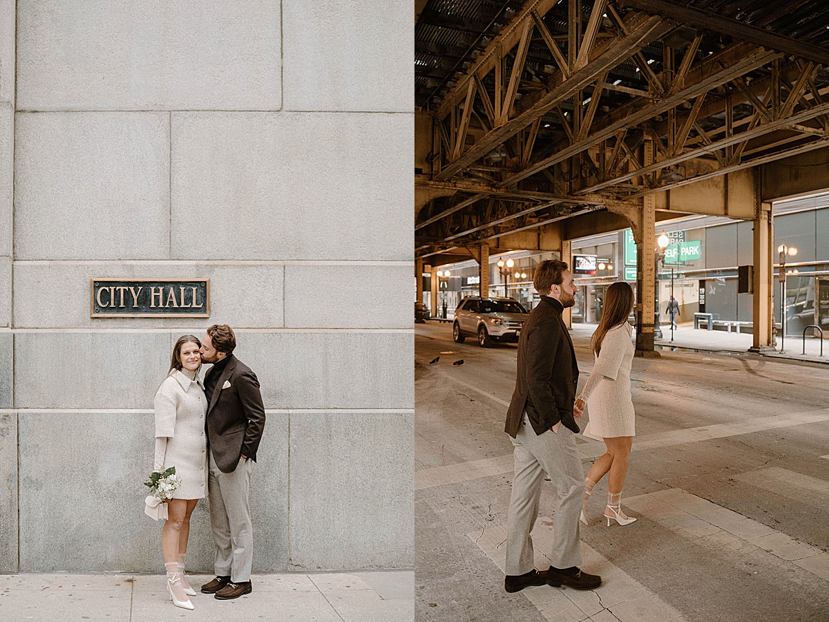 cute newlywed couple dash through Chicago streets after Winter City Hall Elopement