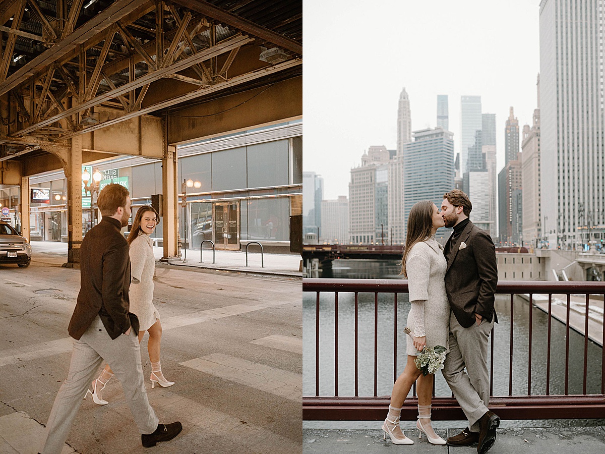 dapper bride and groom in tweed and boucle stop for a kiss on Chicago bridge after Winter City Hall Elopement