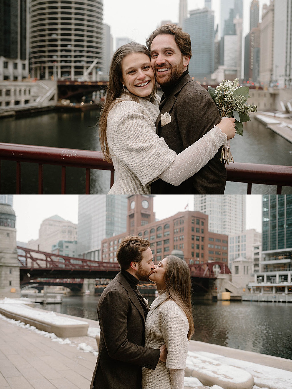 elegant bride in boucle minidress coat and chic groom in turtleneck and tweed jacket kiss on bridge | Chicago wedding photographer