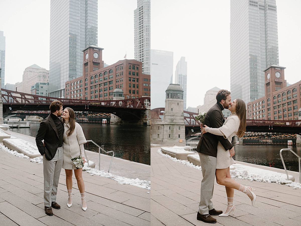 bride and groom in 60s inspired winter wedding coats pose for a kiss on waterfront shot by Chicago wedding photographer