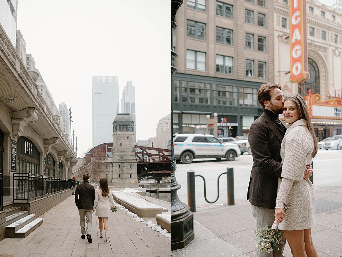 chic bride and groom in street smart winter wedding coats walk through snowy streets shot by Chicago wedding photographer