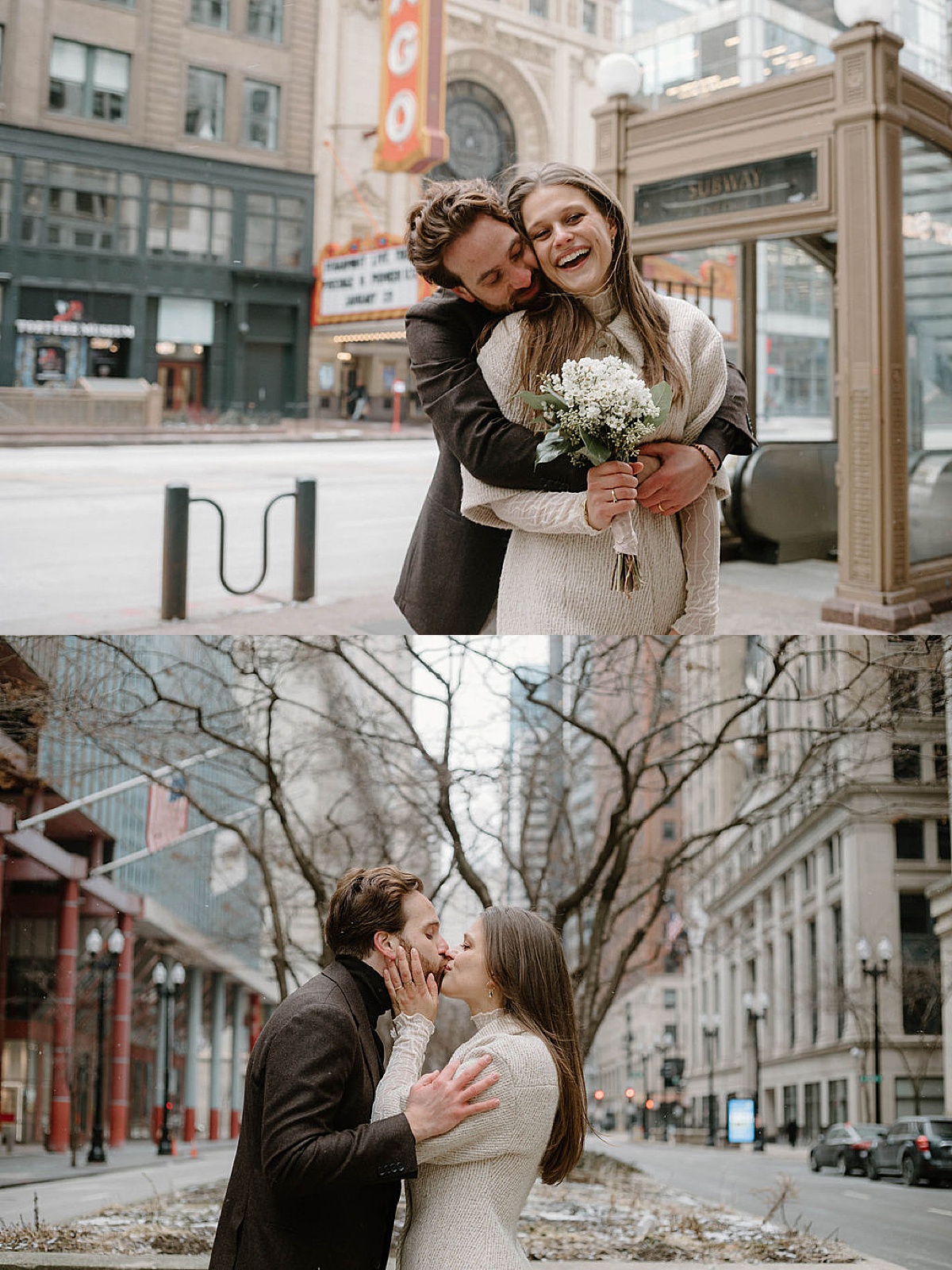 chic european couple pose in mod outfits after city hall elopement shot by Chicago wedding photographer